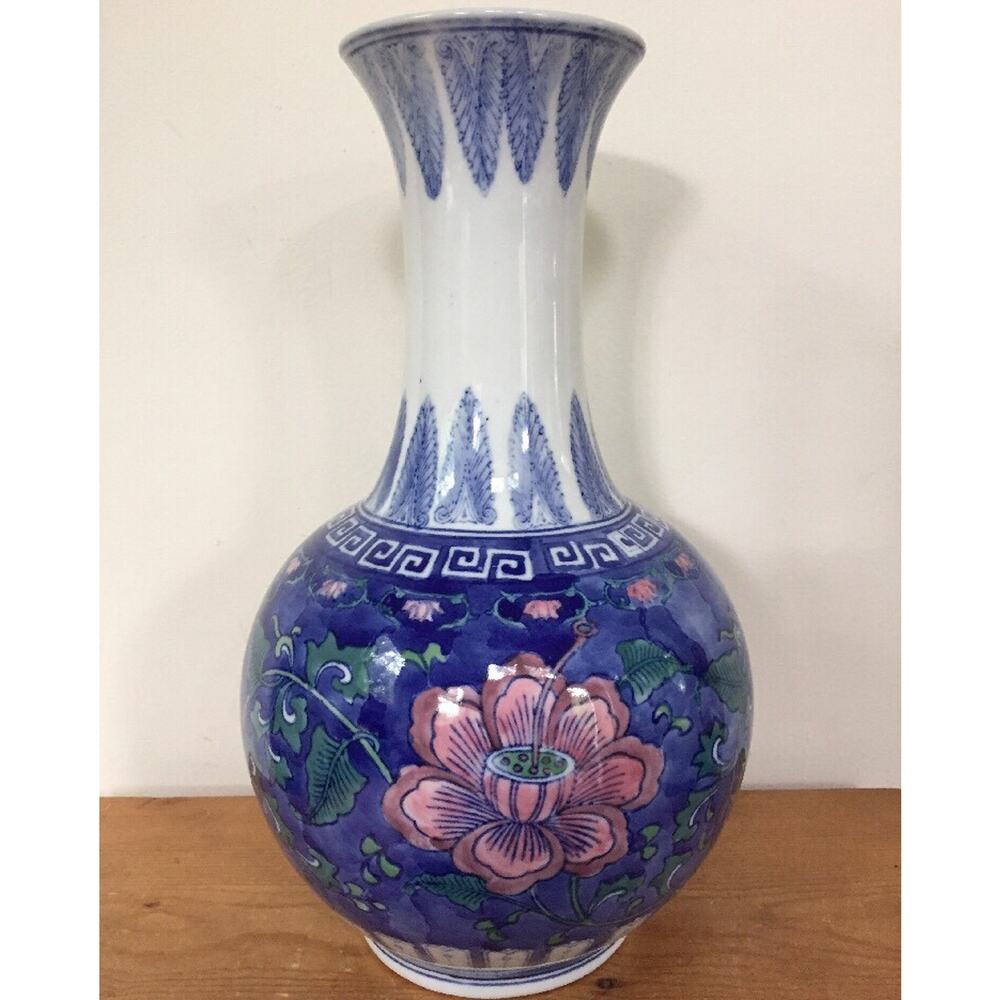 Vintage Handpainted Pink Lotus Flower Blue Glazed Chinese Porcelain Vase Urn Jar